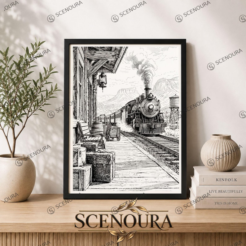 Vintage Steam Train Ink Sketch, Old West Railway Station Poster (framed ...