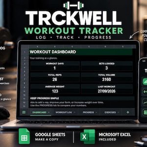 Foglio di calcolo per allenamenti per Google Sheets ed Excel, tracker fitness per la palestra, dashboard dei progressi di sollevamento pesi / Trckwell