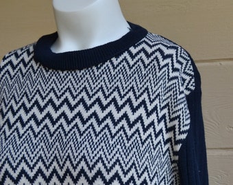Vintage Blue and White Chevron Sweater Blue Chevron Sweater Zig Zag Pattern Sweater 1980's Sweater