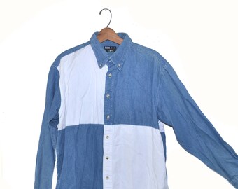 Vintage Denim Shirt Men's Denim Shirt Color block Shirt Men's 80s Shirt Size Large