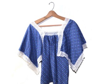 Vintage Blue Prairie Shirt Lace Gypsy Flutter Sleeve Top Pioneer Shirt Boho Hippy Festival Shirt