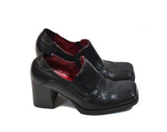 Vintage Black Chunky Heel Shoes Black Candies Shoes 90s Chunky Heels 90s Grunge Club Kid Shoes Size
