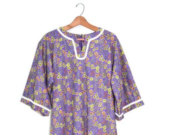 Vintage Purple Daisy Kaftan Dress Maxi Dress Floral Print Festival Dress Boho Daisy Dress