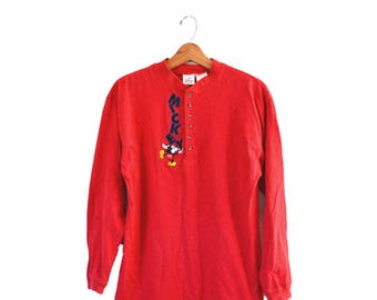 Vintage Mouse T Shirt Red Mickey Henley Shirt Top Long Sleeve Shirt