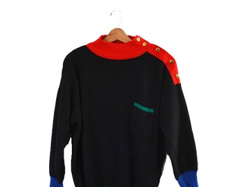 Vintage Color Block Sweater Black and Red Sweater 80's Black Sweater Primary Colors