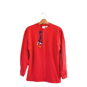 Vintage Mouse T Shirt Red Mickey Henley Shirt Top Long Sleeve Shirt