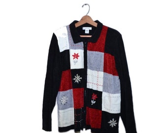 XL Vintage Ugly Christmas Sweater Color Block Sweater Snowflake Sweater Christmas Zip up Sweater