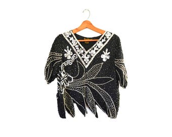 Vintage Black Sequin Top Sequin Beaded Top Cocktail Blouse Beaded Sequin Top Black and Silver Sequin Blouse