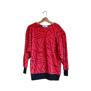 Vintage Geometric Velvet Shirt Velour Shirt Red Velvet Shirt Velvet Hot Pink Velour Shirt 1980's Abstract Print Sweater image 1