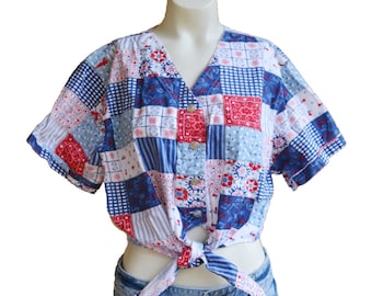 Vintage Crop Top Front Tie Shirt Bandana Crop Top Patchwork Shirt