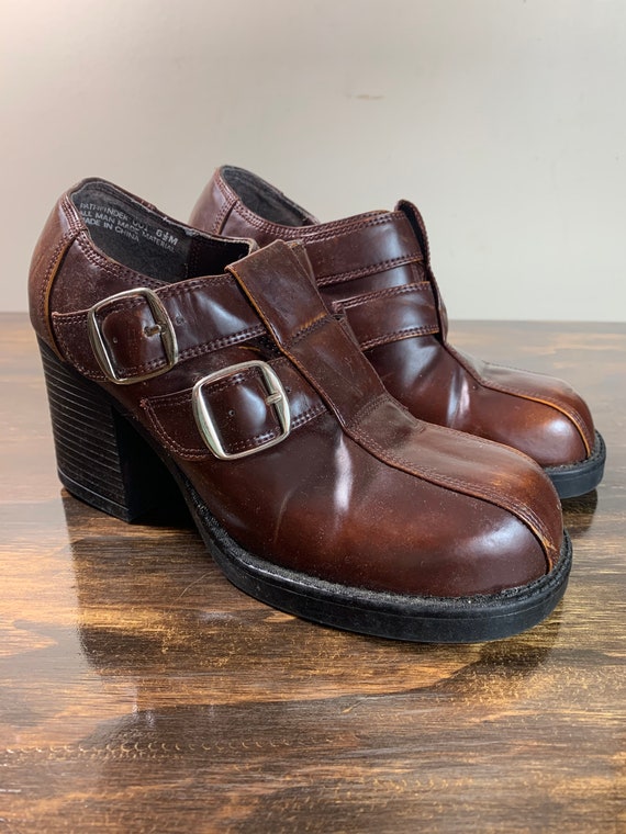 Vintage Brown Chunky Heel Shoes with Buckles Brown