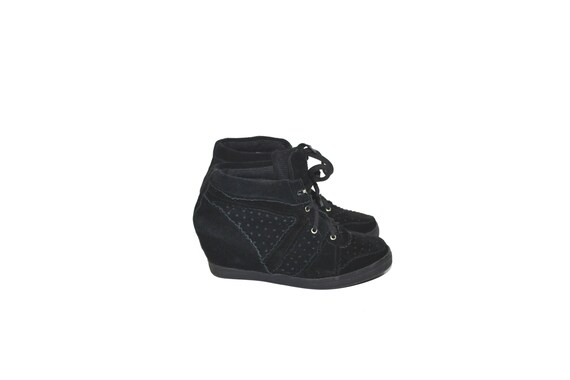 Vintage Black Suede Wedge Shoes Black Wedge Sneak… - image 2