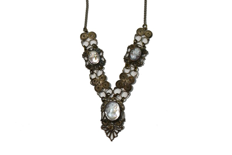 Vintage Mother of Pearl Cameo Necklace Black Cameo Necklace Mother of Pearl Silver Cameo Necklace