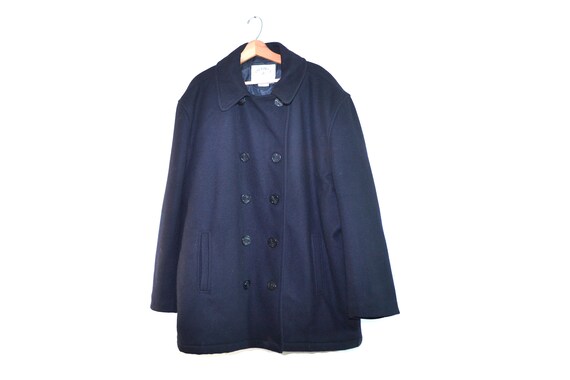 Vintage Minimal Black Wool Peacoat Men's Pea Coat