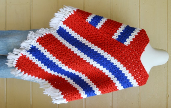 Vintage Afghan Blanket Poncho Knitted Red White a… - image 5