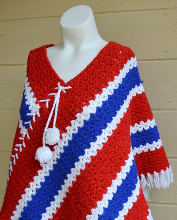 Vintage Afghan Blanket Poncho Knitted Red White a… - image 3