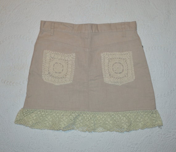 Vintage 90's Mini Skirt Boho Hippie Skirt Beige w… - image 4