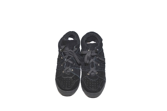 Vintage Black Suede Wedge Shoes Black Wedge Sneak… - image 4