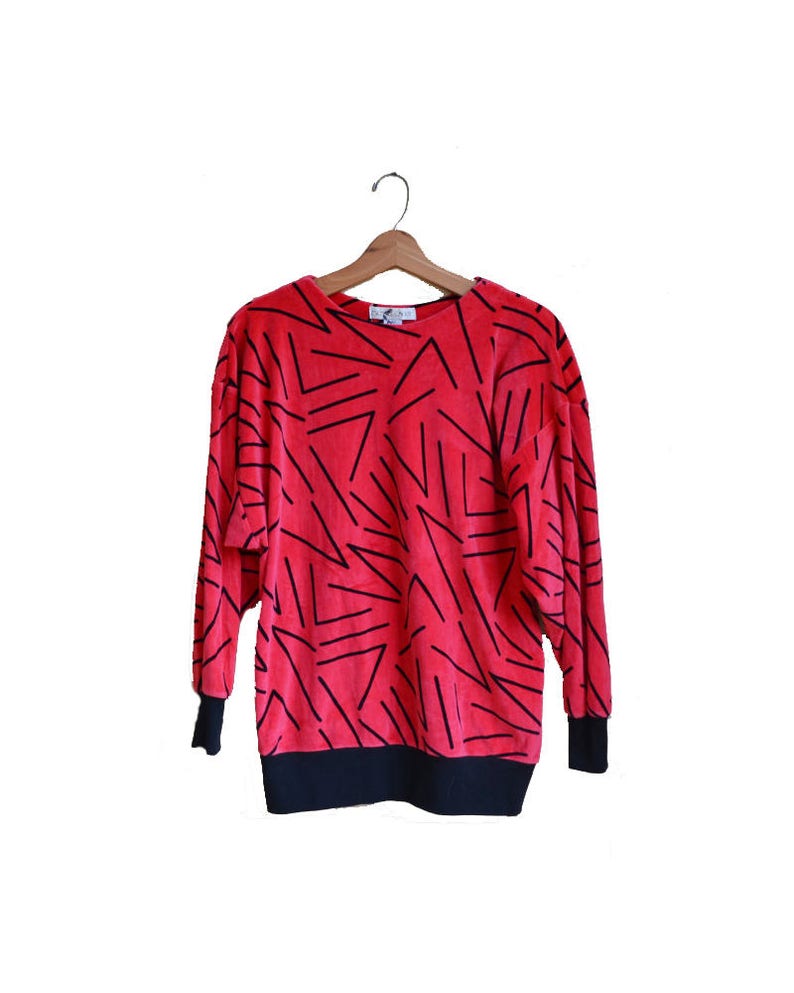 Vintage Geometric Velvet Shirt Velour Shirt Red Velvet Shirt Velvet Hot Pink Velour Shirt 1980's Abstract Print Sweater image 2