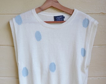 Vintage Polka Dot Sweater Vest White and Blue Polka Dots Kawaii Polka Dot Top