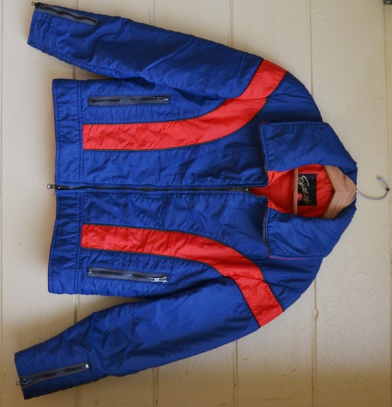 red and blue puffer jacket