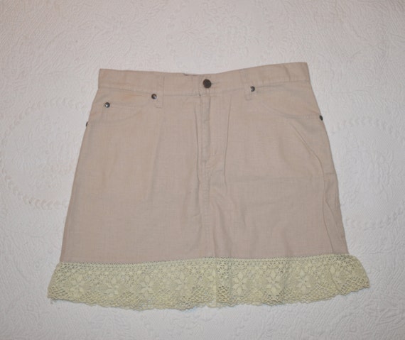 Vintage 90's Mini Skirt Boho Hippie Skirt Beige w… - image 2