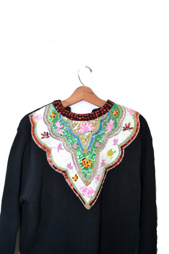 Vintage Black Sequin Sweater Beaded Sweater Sequi… - image 3