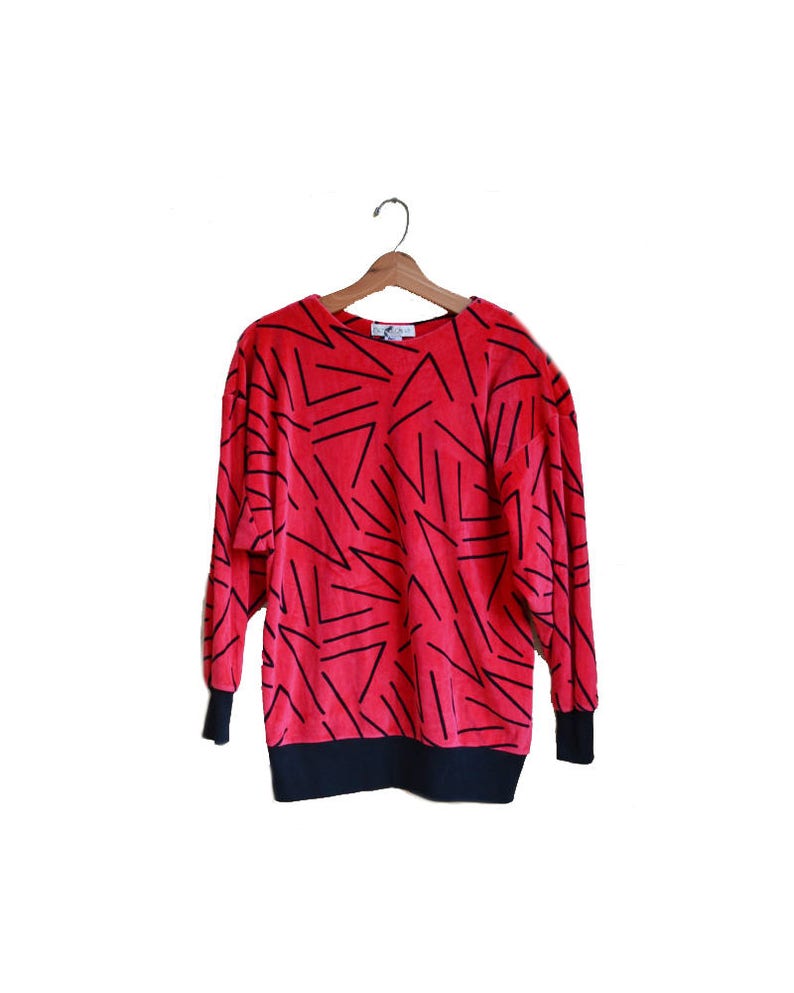 Vintage Geometric Velvet Shirt Velour Shirt Red Velvet Shirt Velvet Hot Pink Velour Shirt 1980's Abstract Print Sweater image 1