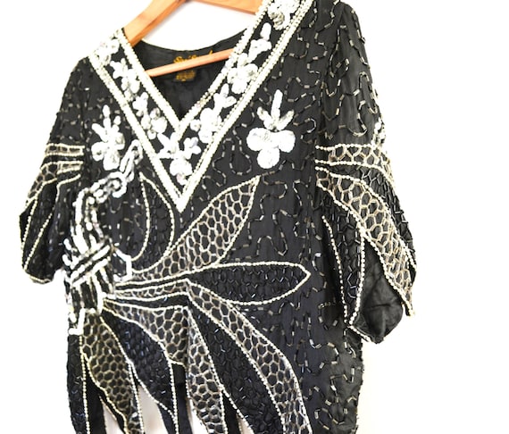 Vintage Black Sequin Top Sequin Beaded Top Cockta… - image 2