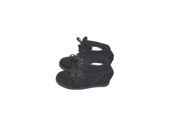 Vintage Black Suede Wedge Shoes Black Wedge Sneak… - image 3