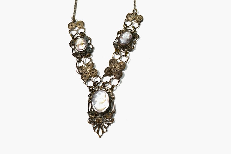 Vintage Mother of Pearl Cameo Necklace Black Cameo Necklace Mother of Pearl Silver Cameo Necklace