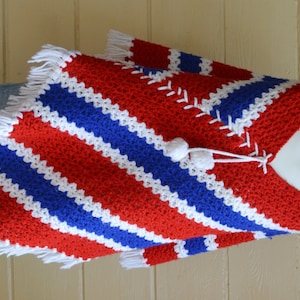 Vintage Afghan Blanket Poncho Knitted Red White and Blue Poncho Boho Hippy Afghan Poncho