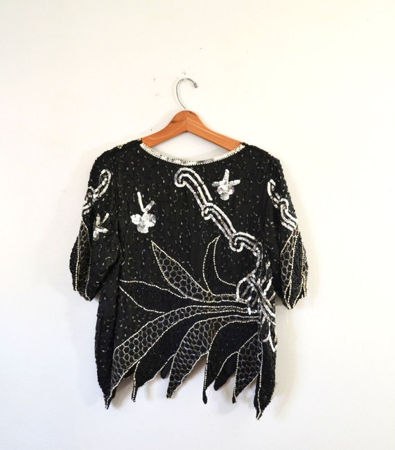 Vintage Black Sequin Top Sequin Beaded Top Cockta… - image 4