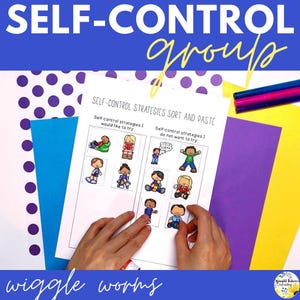 May include: A white paper worksheet titled Self-Control Strategies Sort and Paste with cartoon illustrations of children. The worksheet features two columns for sorting strategies. The background includes purple polka dot, blue, purple, and yellow paper.