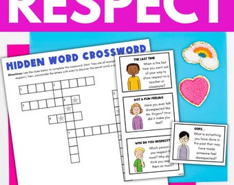 Peut inclure: Une fiche pédagogique imprimable intitulée Hidden Word Crossword avec des indices numérotés et une grille. À côté se trouvent trois cartes avec des personnages de dessin animé et des questions sur le respect, ainsi que deux écussons en feutrine.