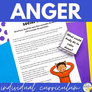 May include: A printed educational worksheet titled Anger featuring a story about a character named Andy, accompanied by a white paper cube with the text What could Andy do to calm down? printed on its side, illustrating a social skills activity.