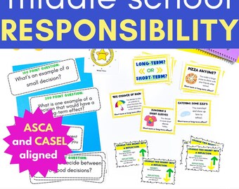 May include: Educational curriculum materials for middle school responsibility featuring question cards with prompts about decision-making, long-term effects, and reflection. Includes a pink starburst graphic with the text ASCA and CASEL aligned.