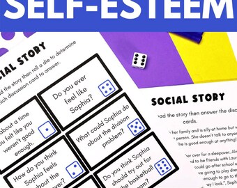 Peut inclure: Un ensemble d'activités sur l'estime de soi avec des cartes imprimées contenant des questions de discussion et des icônes de dés bleus. Un dé blanc à six faces est inclus. Les cartes portent des textes comme Do you ever feel like Sophia.