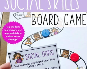 Peut inclure: Un jeu de société sur les compétences sociales avec un chemin sinueux, des personnages de dessin animé, un pion bleu, un pion rouge et une carte Social Oops indiquant : You interrupt your friend when he is telling a story. Make a better choice and move back 4 spaces.