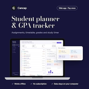 Aplicación de planificación estudiantil, seguimiento del promedio de calificaciones, horario de tareas y clases (descarga digital)