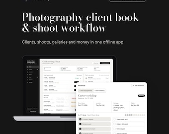 Applicazione web per la gestione dello studio fotografico, flusso di lavoro con i clienti, liste di controllo per gli scatti e monitoraggio dei guadagni.
