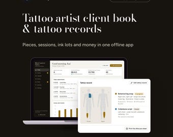 Applicazione web per tatuatori con registro clienti, dati sui tatuaggi, lotti di inchiostro e monitoraggio dei guadagni.