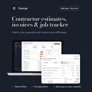 Könnte beinhalten: Eine Software-Benutzeroberfläche mit dunklem Design für Cancap, die ein Dashboard für Kostenvoranschläge, Rechnungen und Auftragsverfolgung zeigt. Der Bildschirm enthält eine Terminliste und einen detaillierten Kostenvoranschlag für einen Heizungstausch.