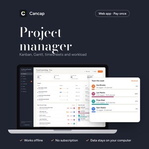Puede incluir: Una pantalla de ordenador que muestra la interfaz del software de gestión de proyectos Cancap, con vistas Kanban, Gantt y hojas de horas. El panel muestra estadísticas de carga de trabajo, listas de proyectos y estados de tareas sobre un fondo oscuro.