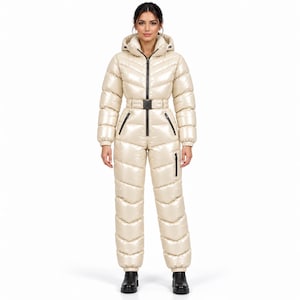 Damjumpsuit med huva, glansig quiltad hel del med midjebälte och dragkedjefickor