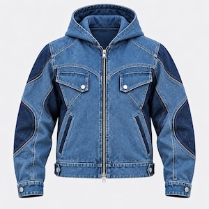 Chaqueta vaquera con capucha para hombre, paneles azules bicolor, cierre de cremallera frontal con bolsillos geométricos.