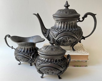 Vintage Pewter 3 Piece Tea Service Set , Italian 3 Piece Coffee Set , Ornate Victorian Style Tea Service  Wedding Gift Tea Lover
