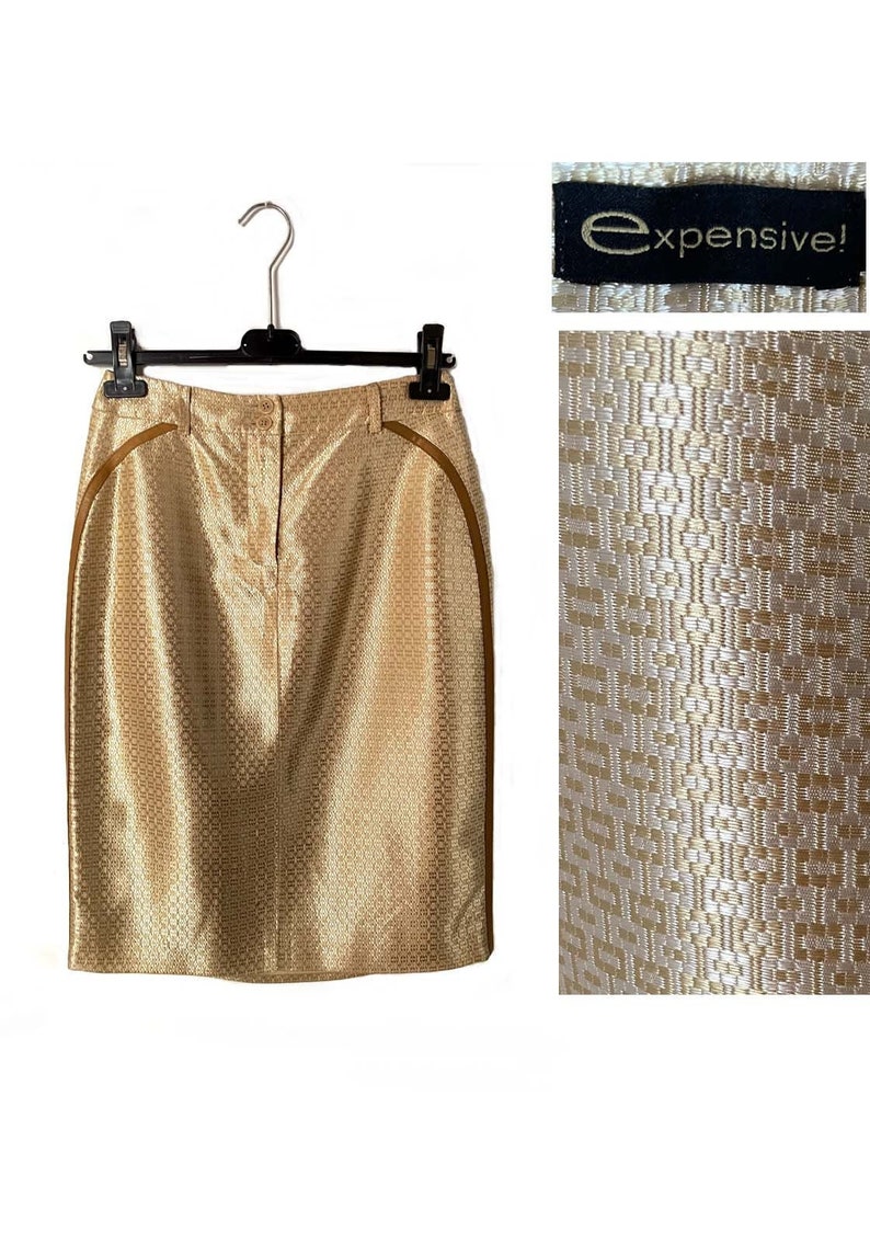 Vintage Gold Metallic Skirt size S-M Pencil Skirt with Leather detail Vintage Italian Designer Golden Skirt Party Glam Gold Skirt