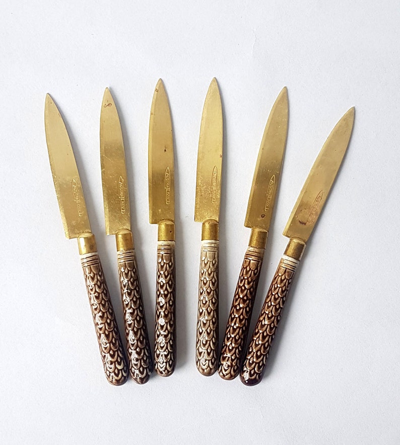 Antique Set of Fruit Knives Porcelain Handle Austria Bronze Etsy
