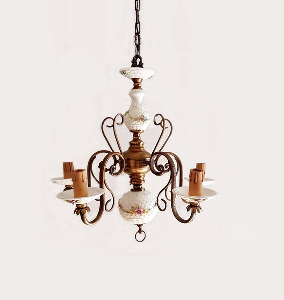 Italian Porcelain Chandelier With Roses Vintage Image 0